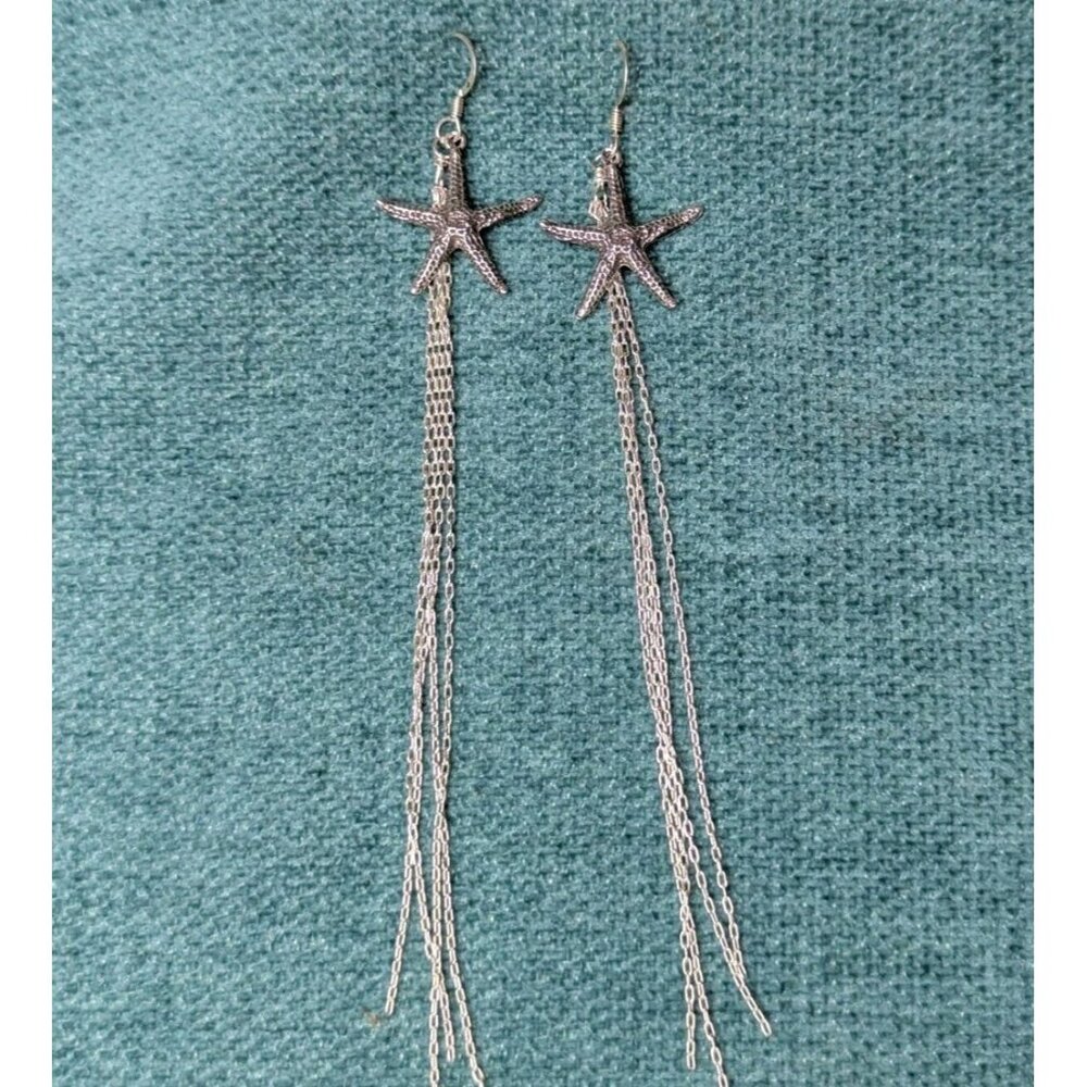 Sterling Silver Starfish Dangle Earrings Long Duster Summer Beach Mermaid